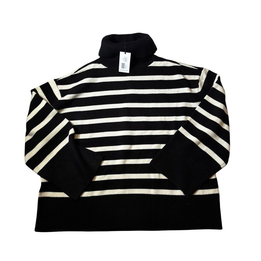 WEWOREWHAT Sweater L/XL Oversized Striped Turtleneck Jumper Pullover Black